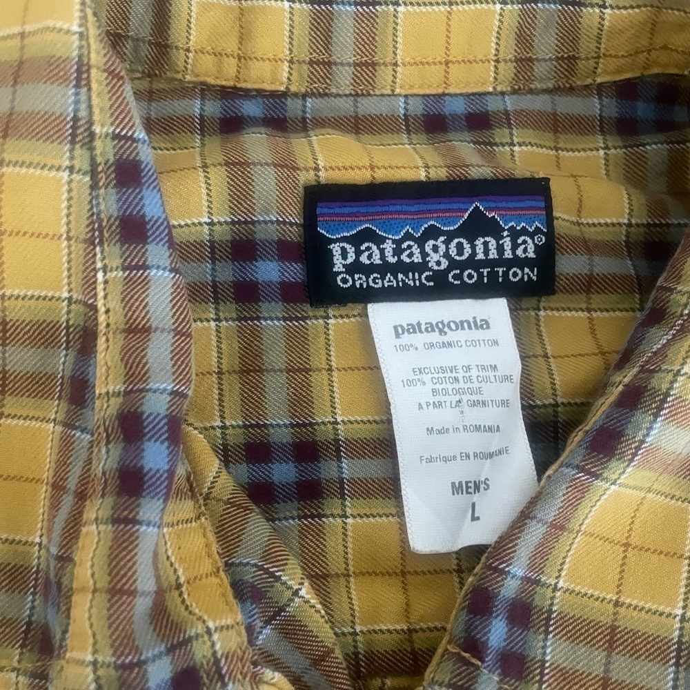 Patagonia Organic Cotton Button Up Long Sleeve Plaid Shirt Yellow Blue Size L - Picture 3 of 6